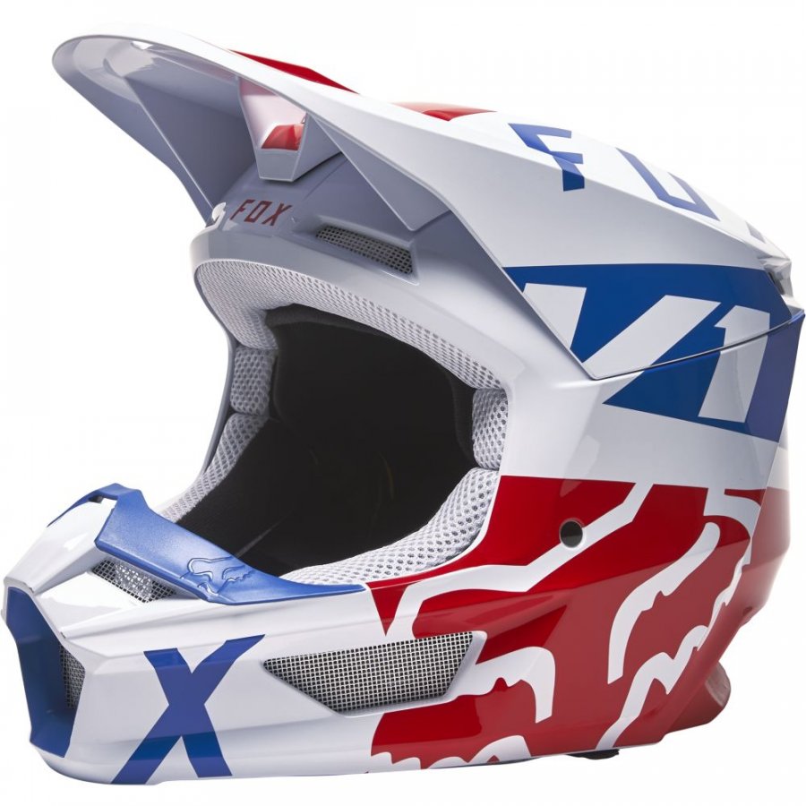 helma Fox V1 Skew helmet 2022 white/red/blue + BRÝLE